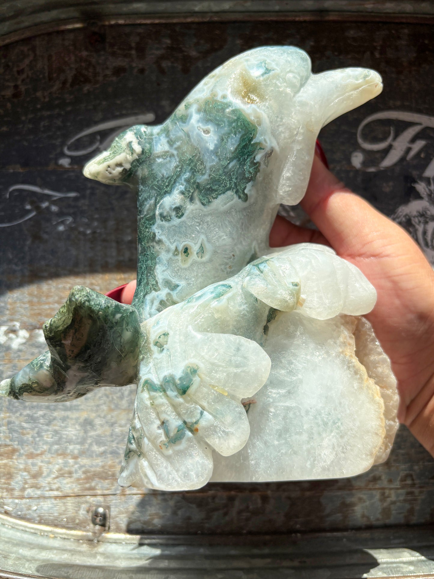 Gorgeous Moss Agate Dolphin Statement Piece Carving