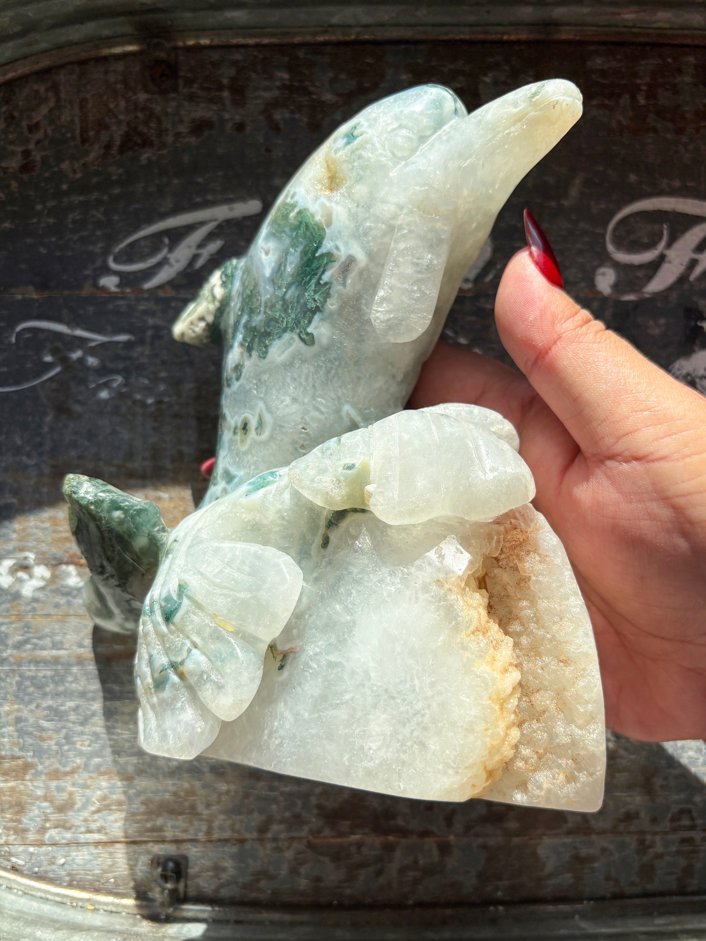 Gorgeous Moss Agate Dolphin Statement Piece Carving