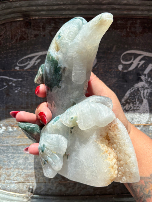 Gorgeous Moss Agate Dolphin Statement Piece Carving