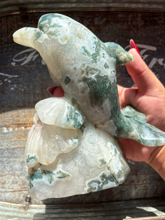 Gorgeous Moss Agate Dolphin Statement Piece Carving