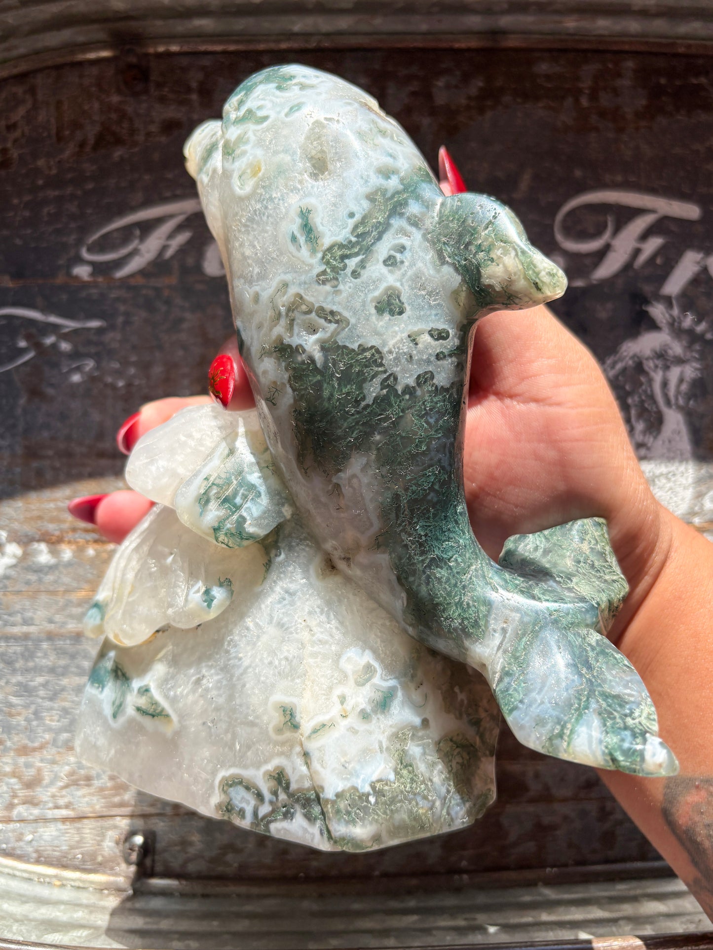 Gorgeous Moss Agate Dolphin Statement Piece Carving