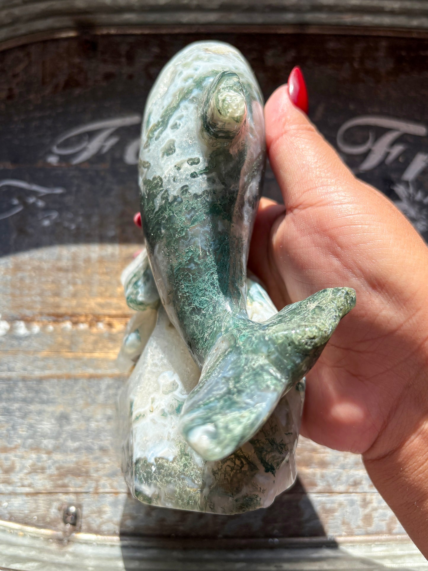 Gorgeous Moss Agate Dolphin Statement Piece Carving