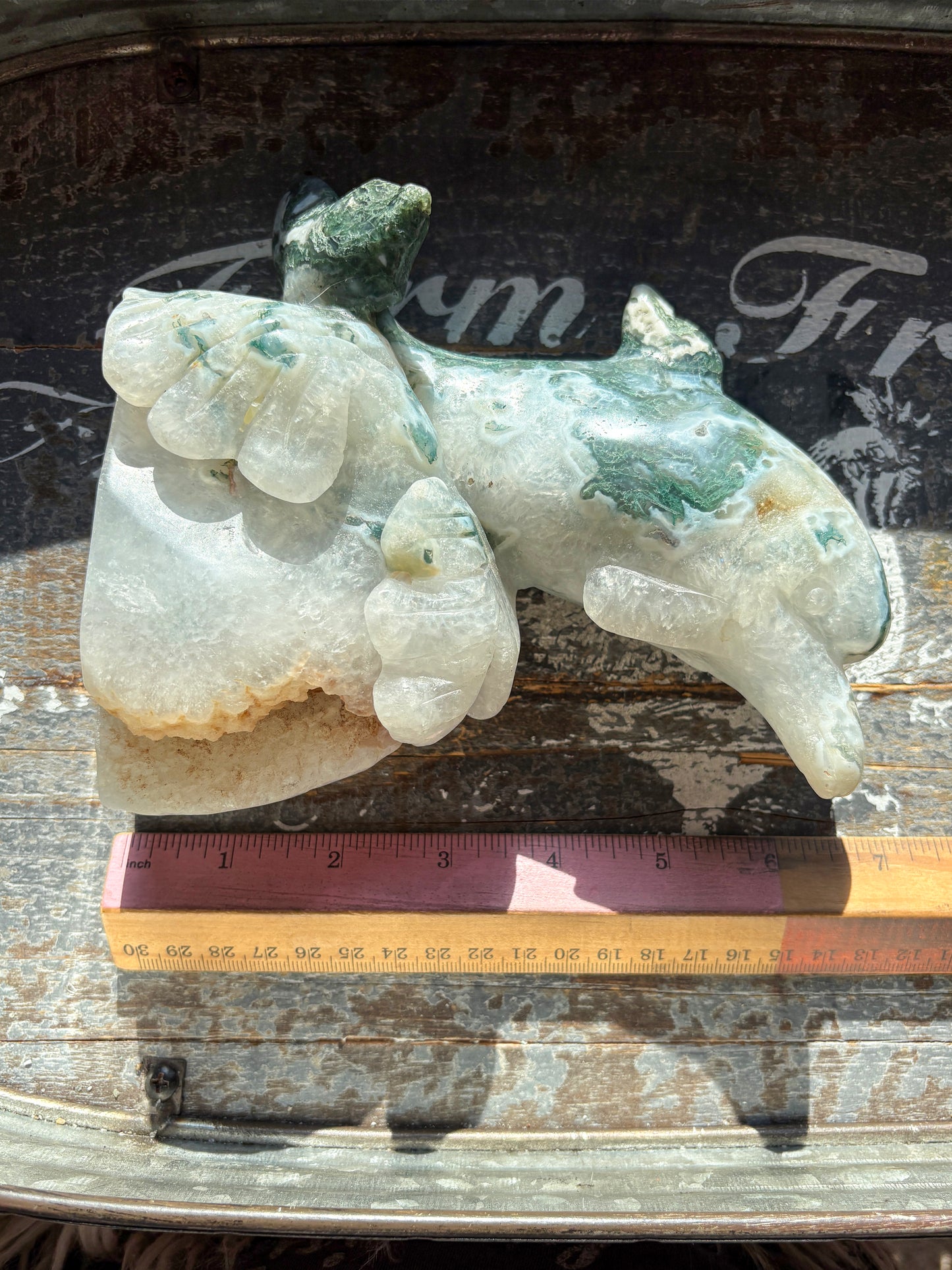 Gorgeous Moss Agate Dolphin Statement Piece Carving