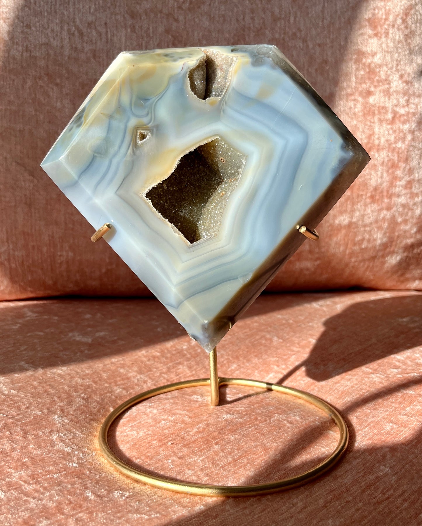 Gorgeous High Quality Agate with Druzy Hand Carved Diamond with Gold Stand from Brazil