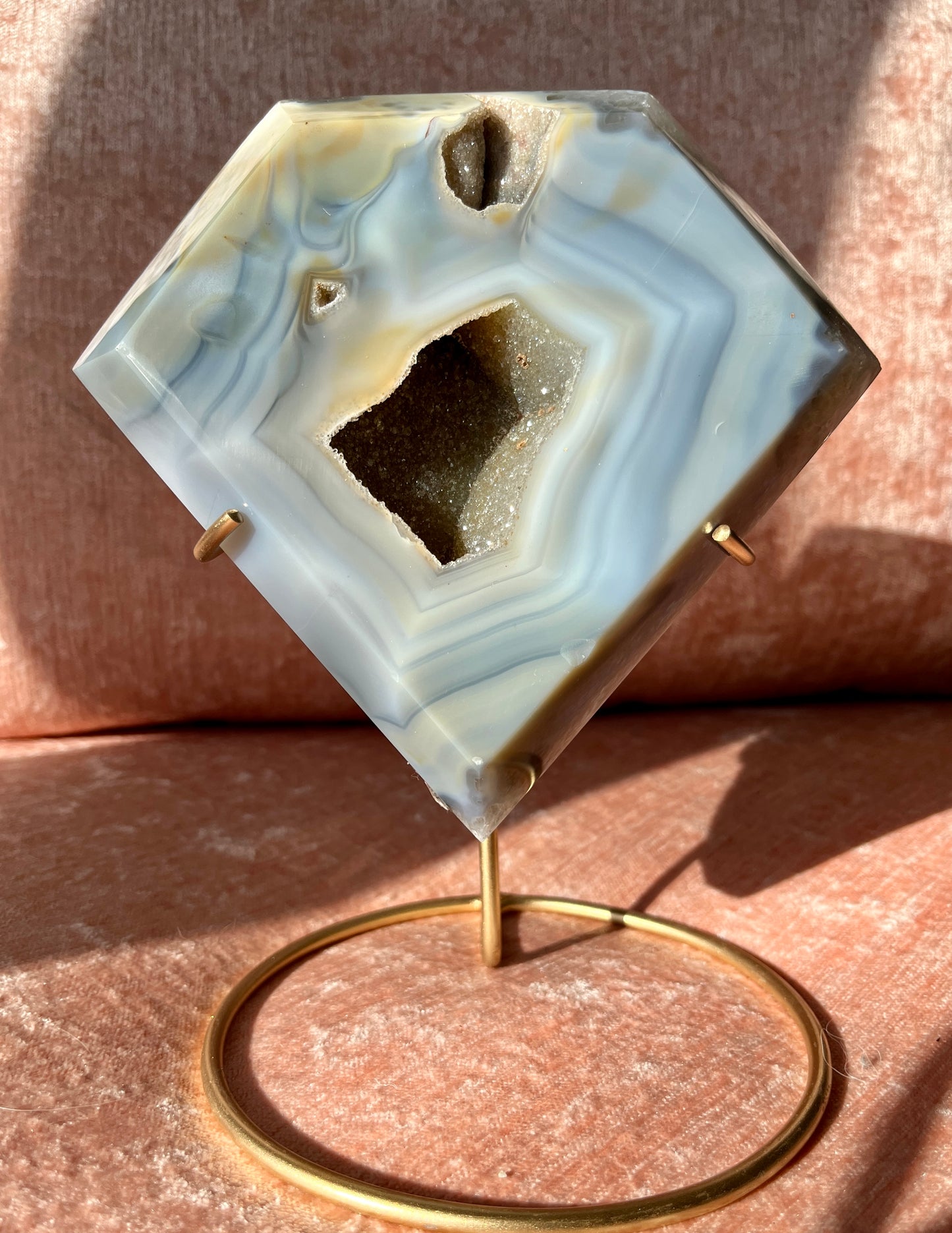 Gorgeous High Quality Agate with Druzy Hand Carved Diamond with Gold Stand from Brazil