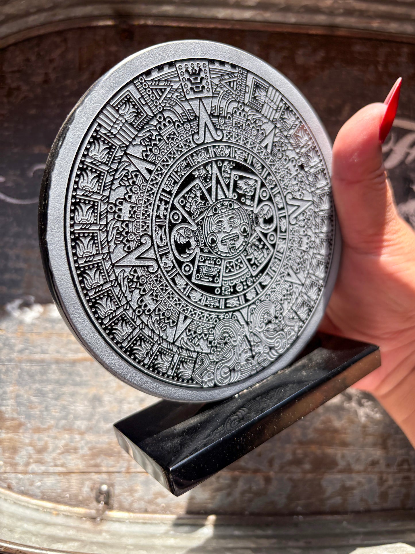 Gorgeous Obsidian Embossed Mayan Calendar from Mexico