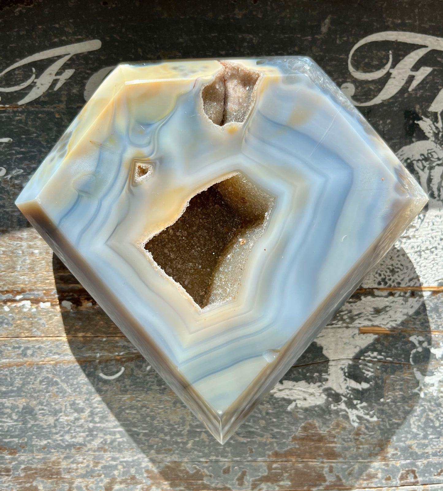 Gorgeous High Quality Agate with Druzy Hand Carved Diamond with Gold Stand from Brazil