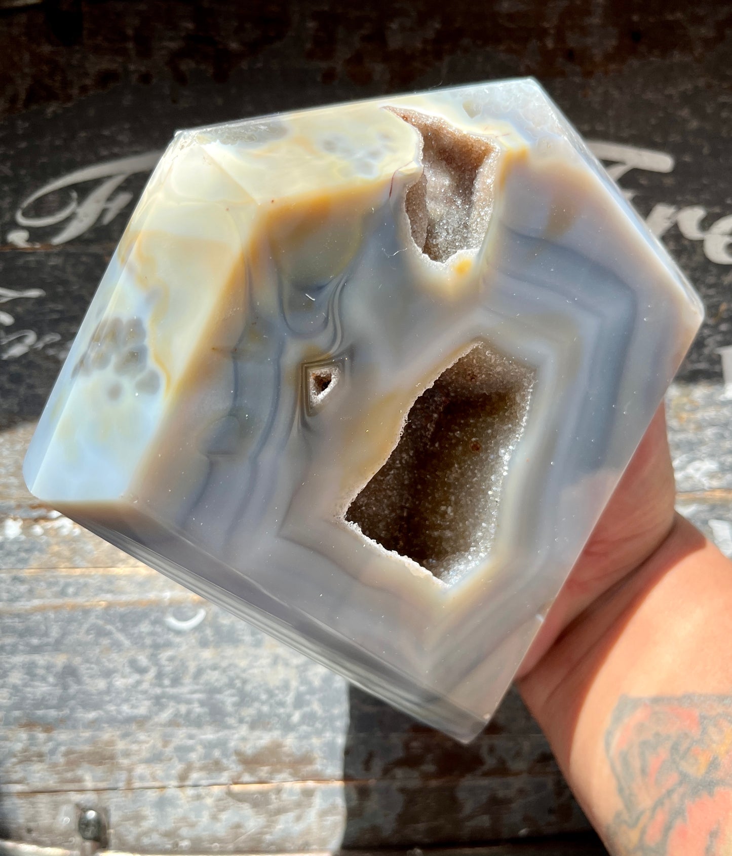 Gorgeous High Quality Agate with Druzy Hand Carved Diamond with Gold Stand from Brazil