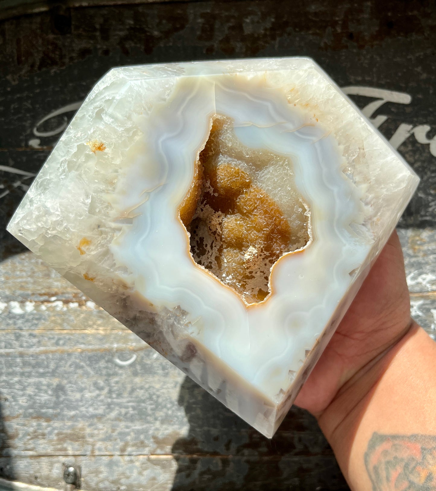 Gorgeous High Quality Agate with Druzy Hand Carved Diamond with Gold Stand from Brazil