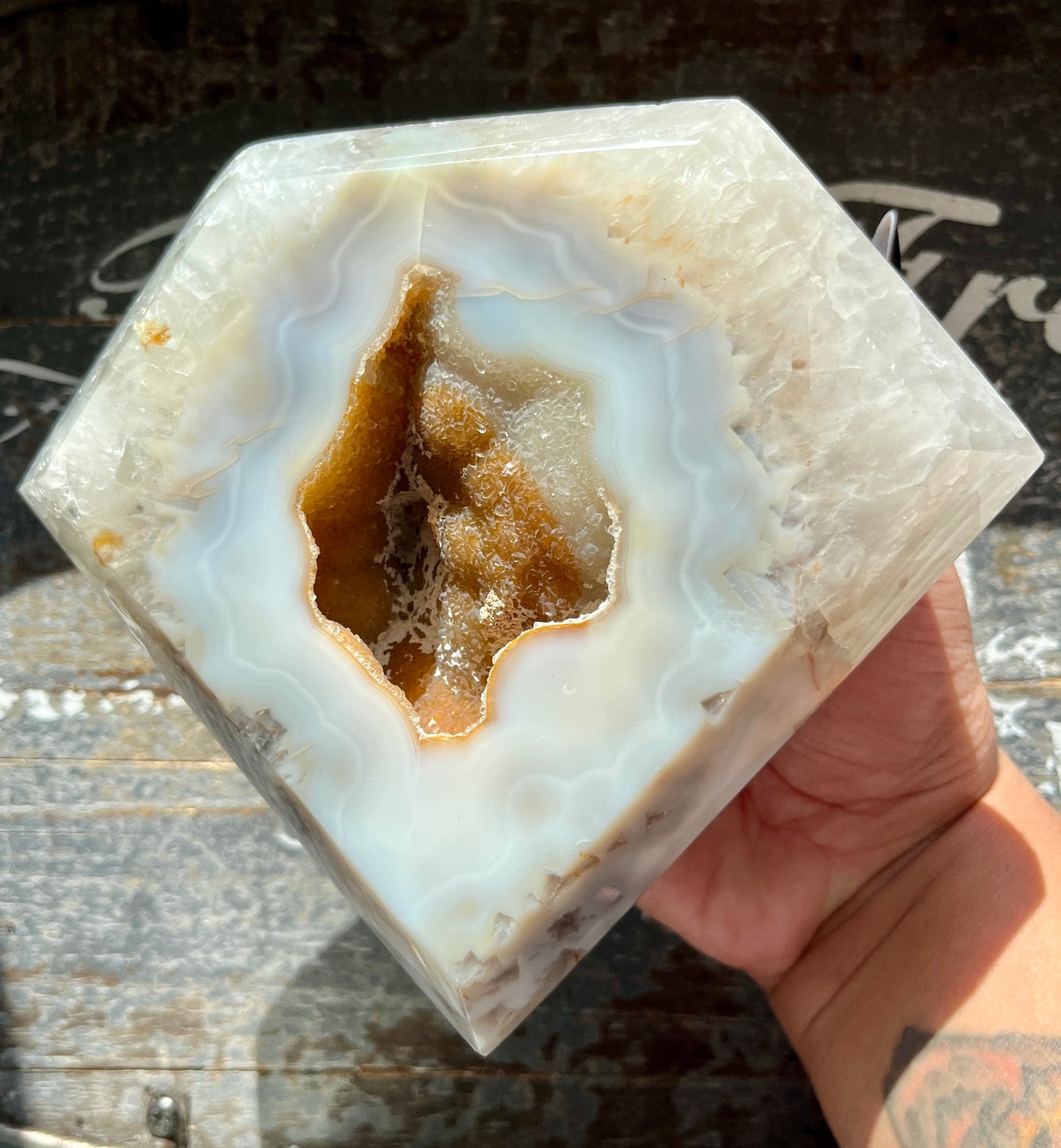 Gorgeous High Quality Agate with Druzy Hand Carved Diamond with Gold Stand from Brazil