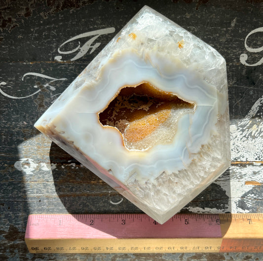 Gorgeous High Quality Agate with Druzy Hand Carved Diamond with Gold Stand from Brazil