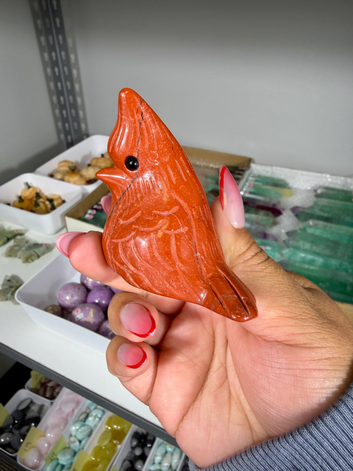 Adorable Cardinal Red Jasper Carving | Opt 49