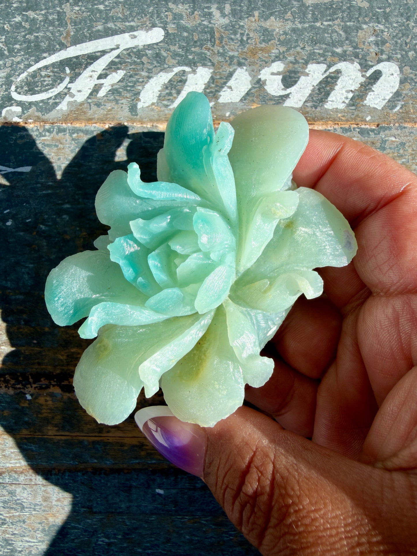 Gorgeous Hand Carved Amazonite Flower Matte Polish | Opt K (self standing)