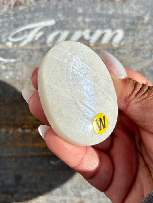 Gorgeous White Moonstone Palm Stone with Blue Flash | Opt W