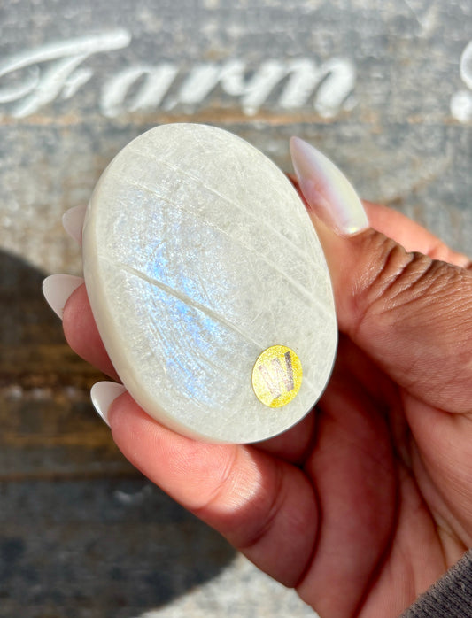 Gorgeous White Moonstone Palm Stone with Blue Flash | Opt W