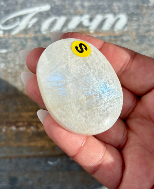 Gorgeous White Moonstone Palm Stone with Blue Flash | Opt S