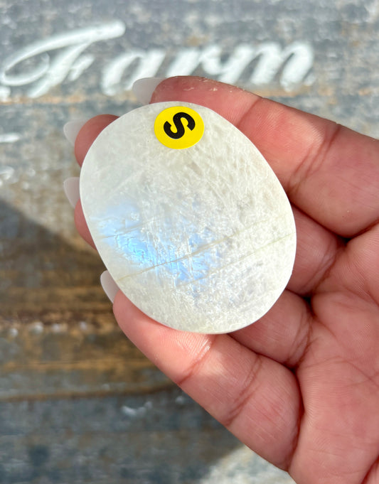 Gorgeous White Moonstone Palm Stone with Blue Flash | Opt S