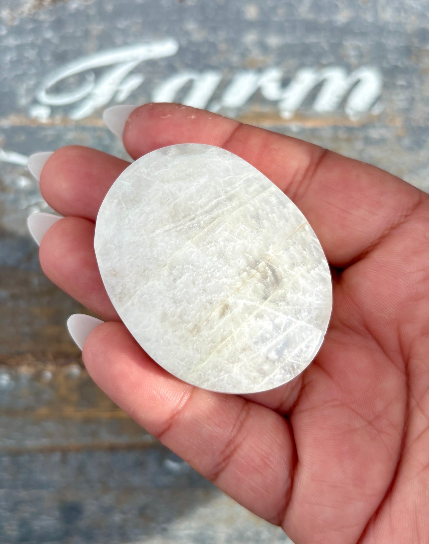 Gorgeous White Moonstone Palm Stone with Blue Flash | Opt S