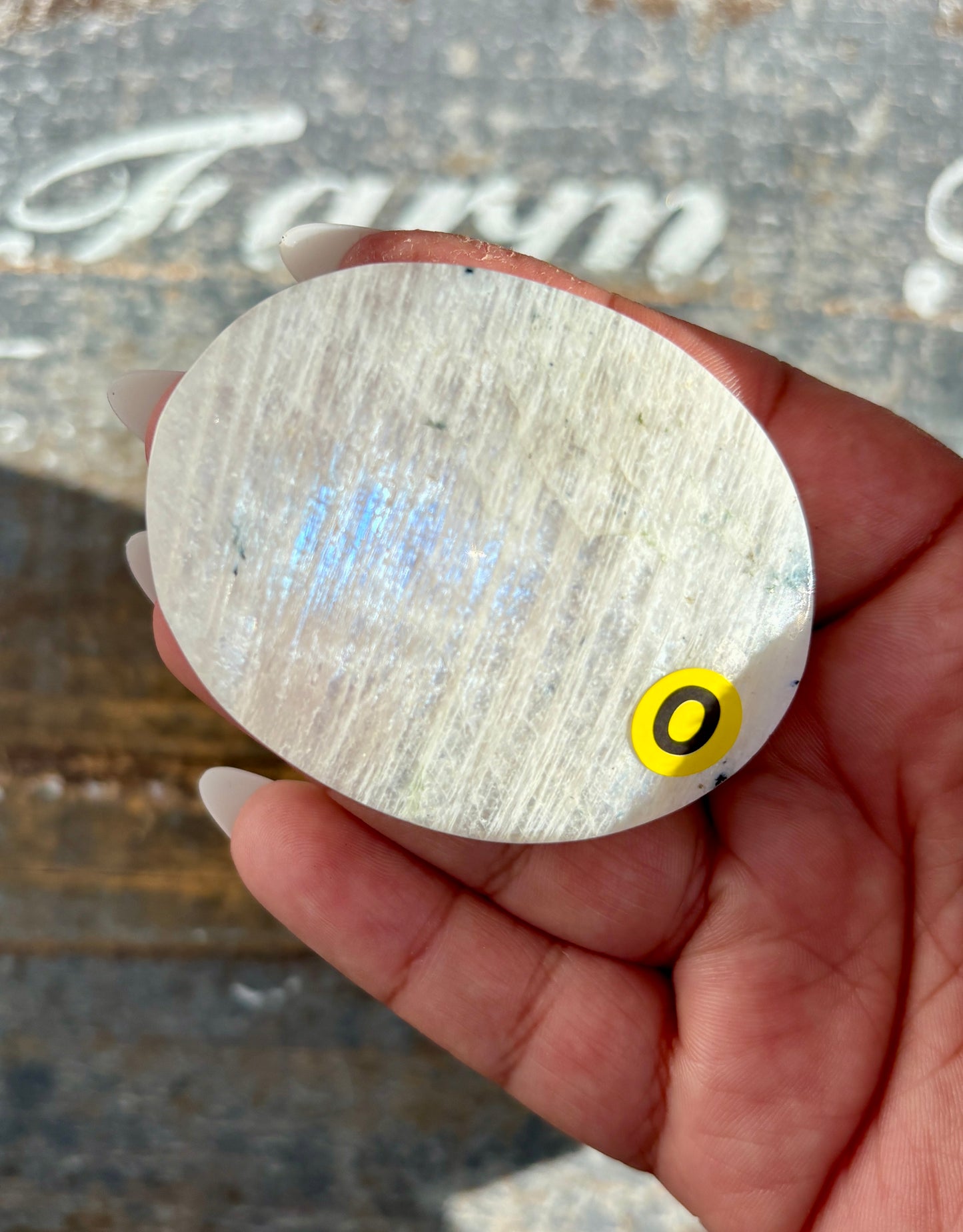 Gorgeous White Moonstone Palm Stone with Blue Flash | Opt O