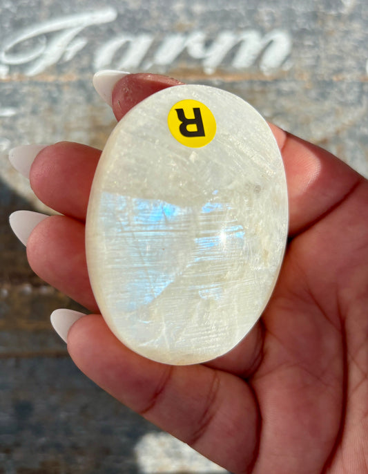 Gorgeous White Moonstone Palm Stone with Blue Flash | Opt R