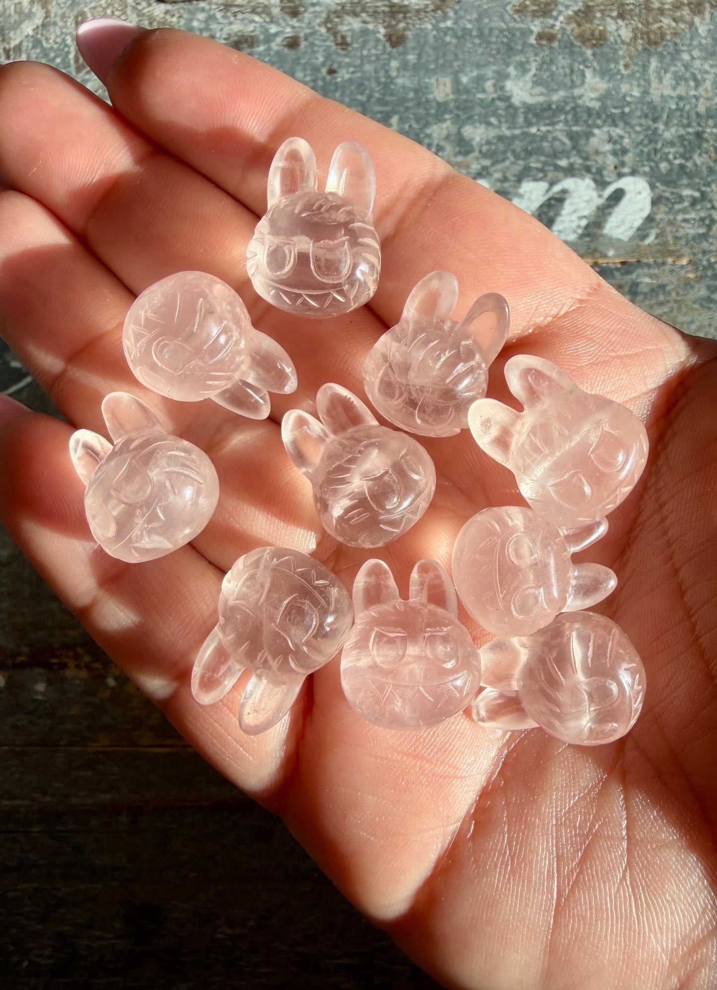 One (1) Ice Rose Quartz Labubu Head Pendant