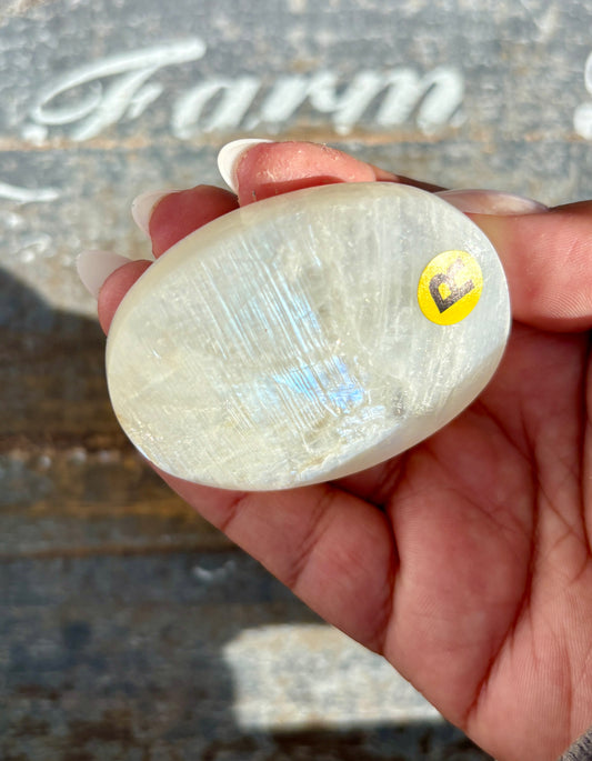 Gorgeous White Moonstone Palm Stone with Blue Flash | Opt R