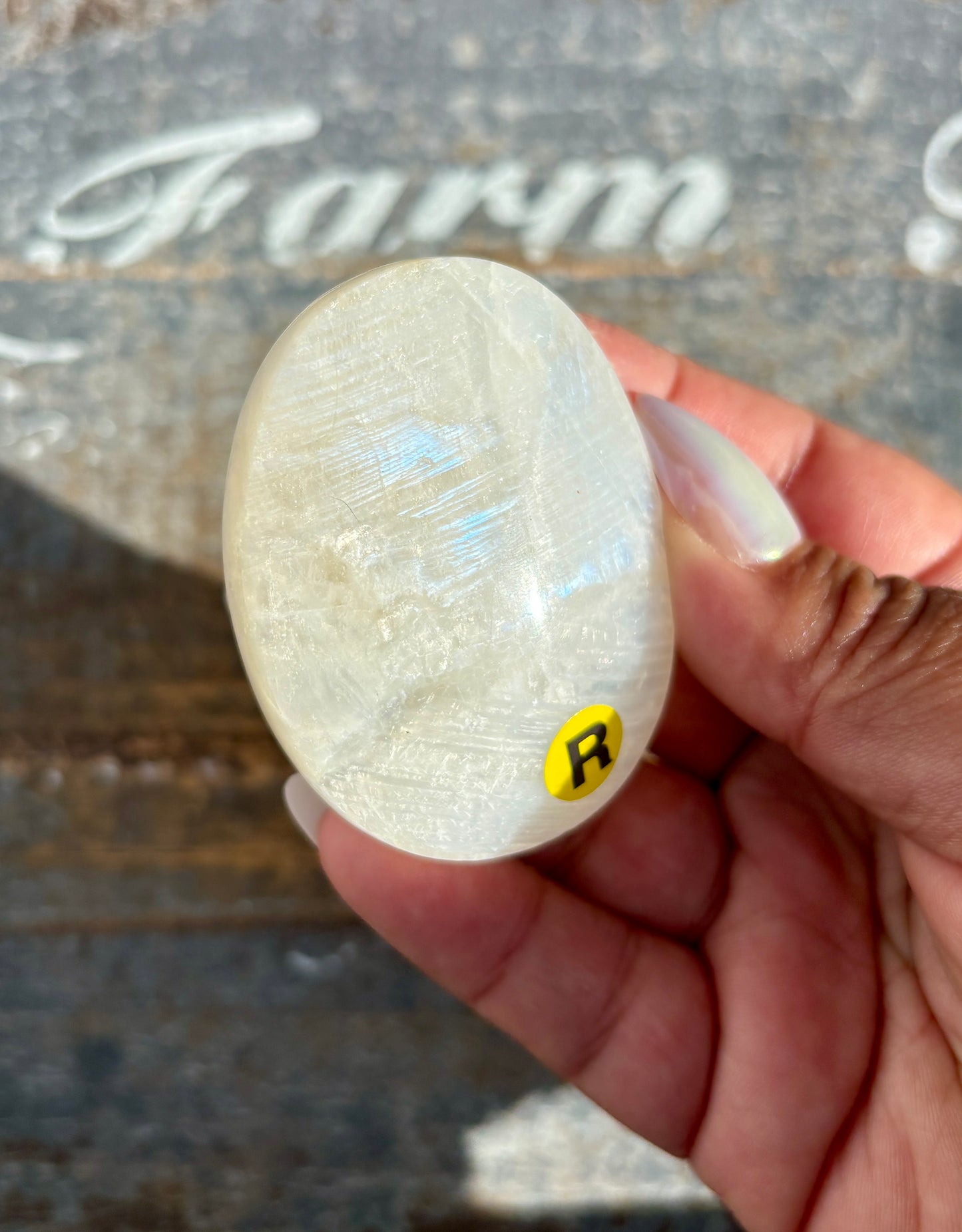 Gorgeous White Moonstone Palm Stone with Blue Flash | Opt R