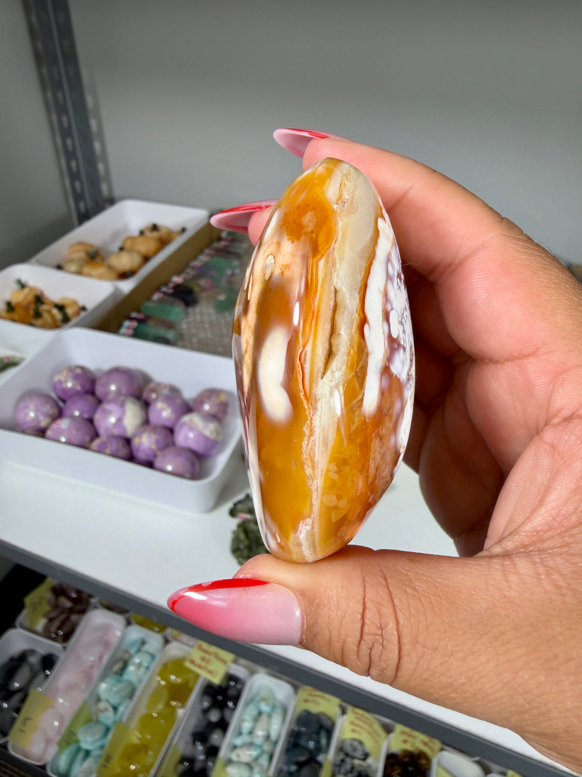 Gorgeous Carnelian/Orca Agate Palm Stone