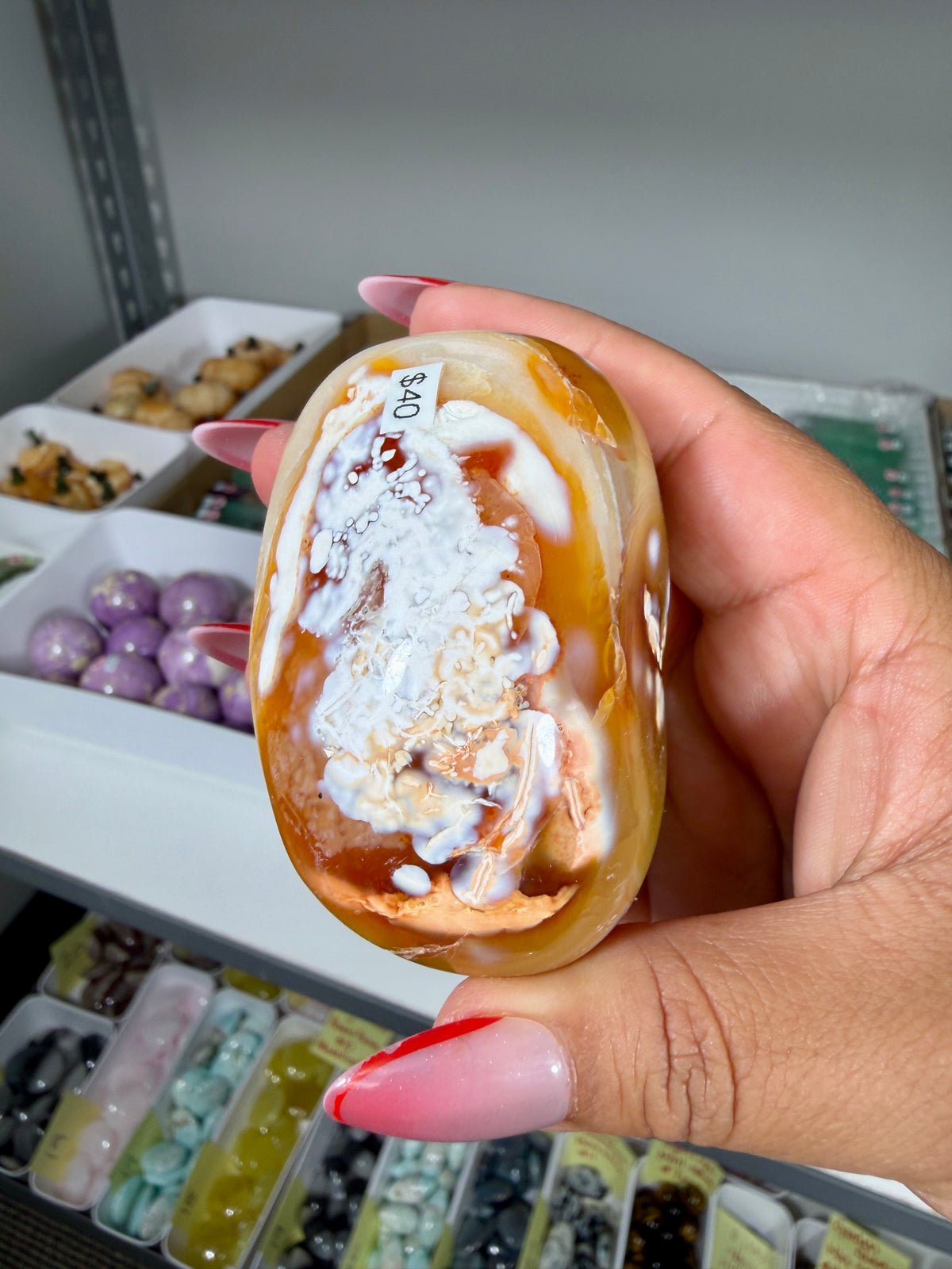 Gorgeous Carnelian/Orca Agate Palm Stone