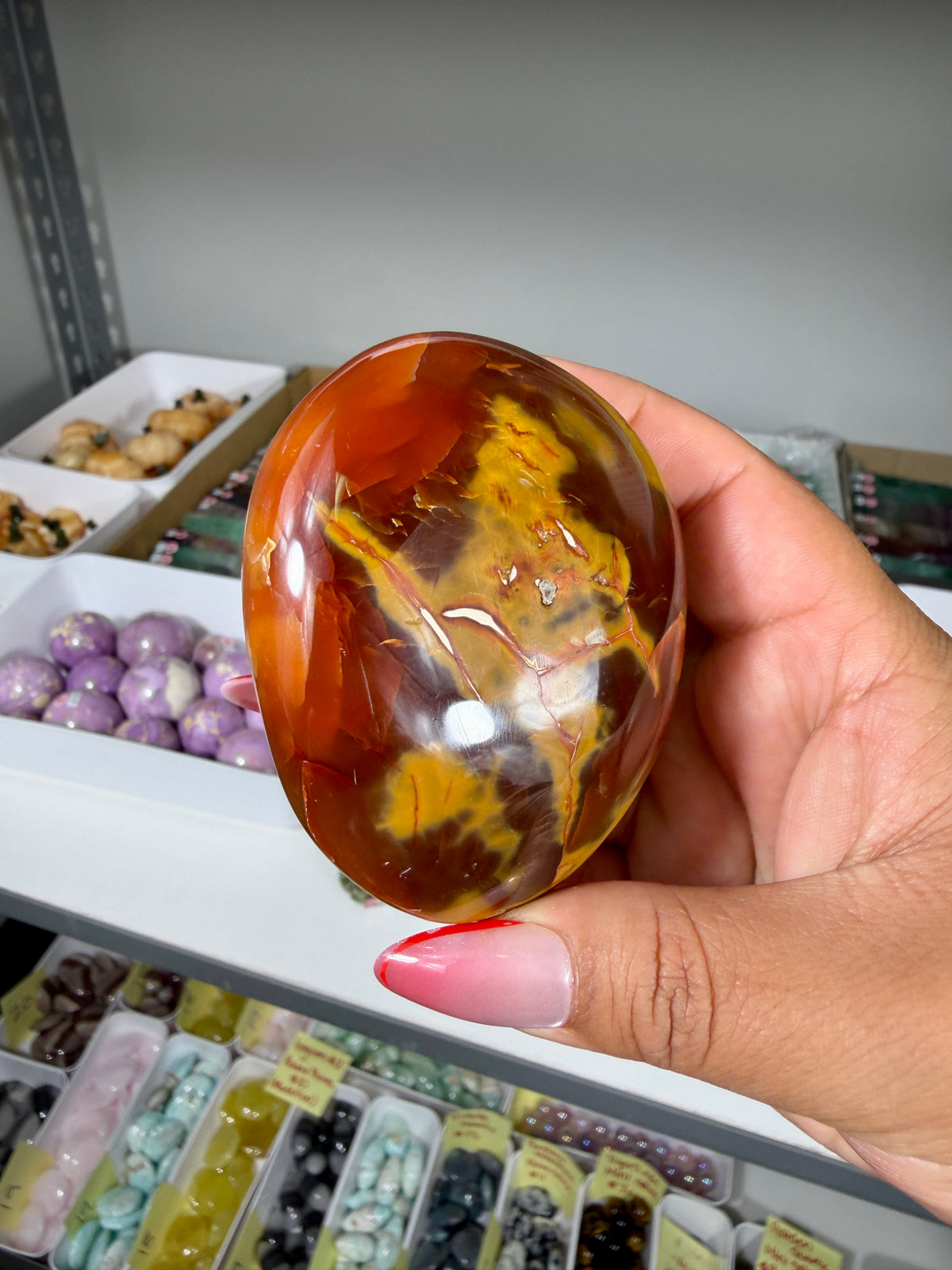 Gorgeous Carnelian/Orca Agate Palm Stone