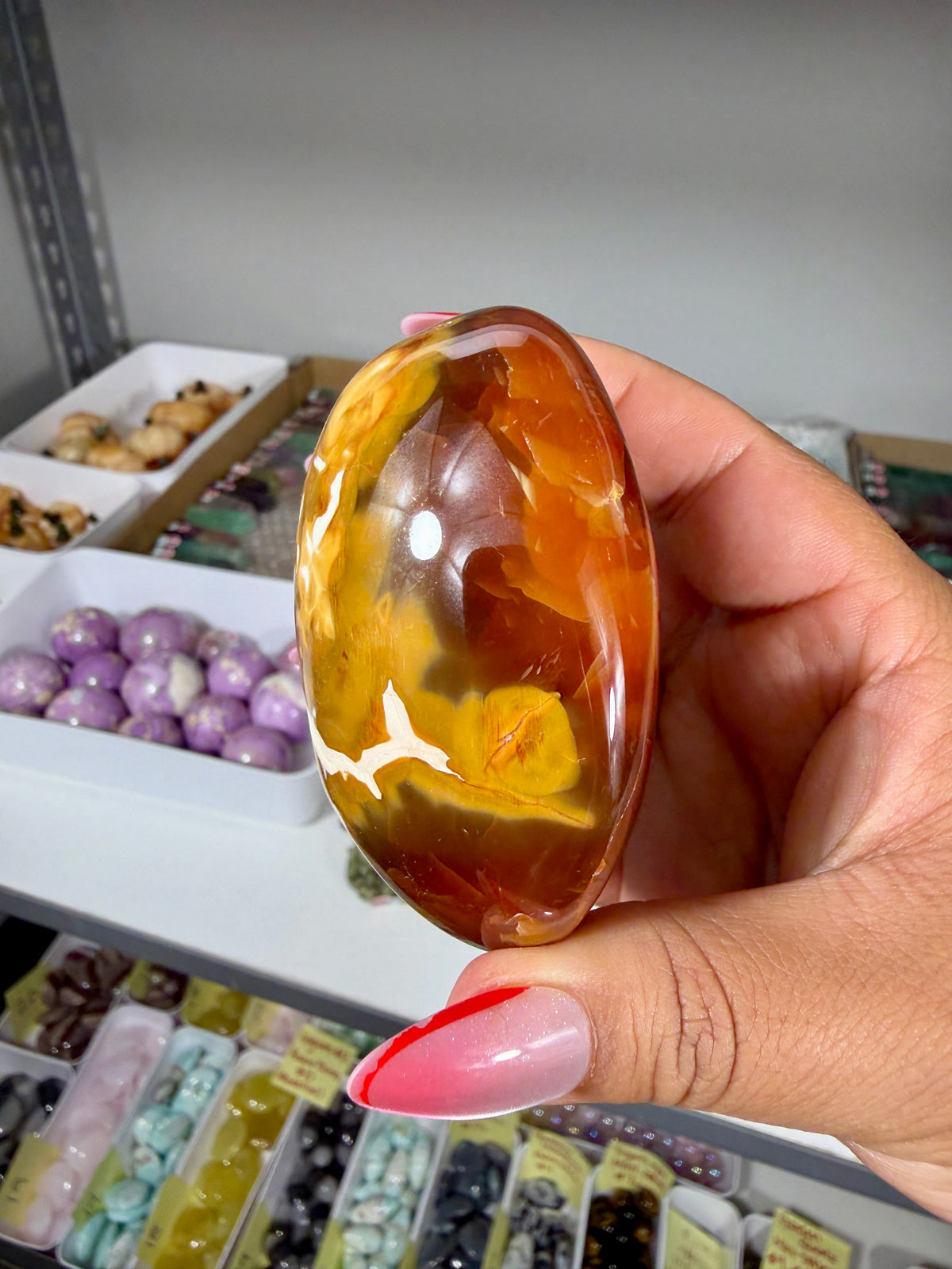 Gorgeous Carnelian/Orca Agate Palm Stone