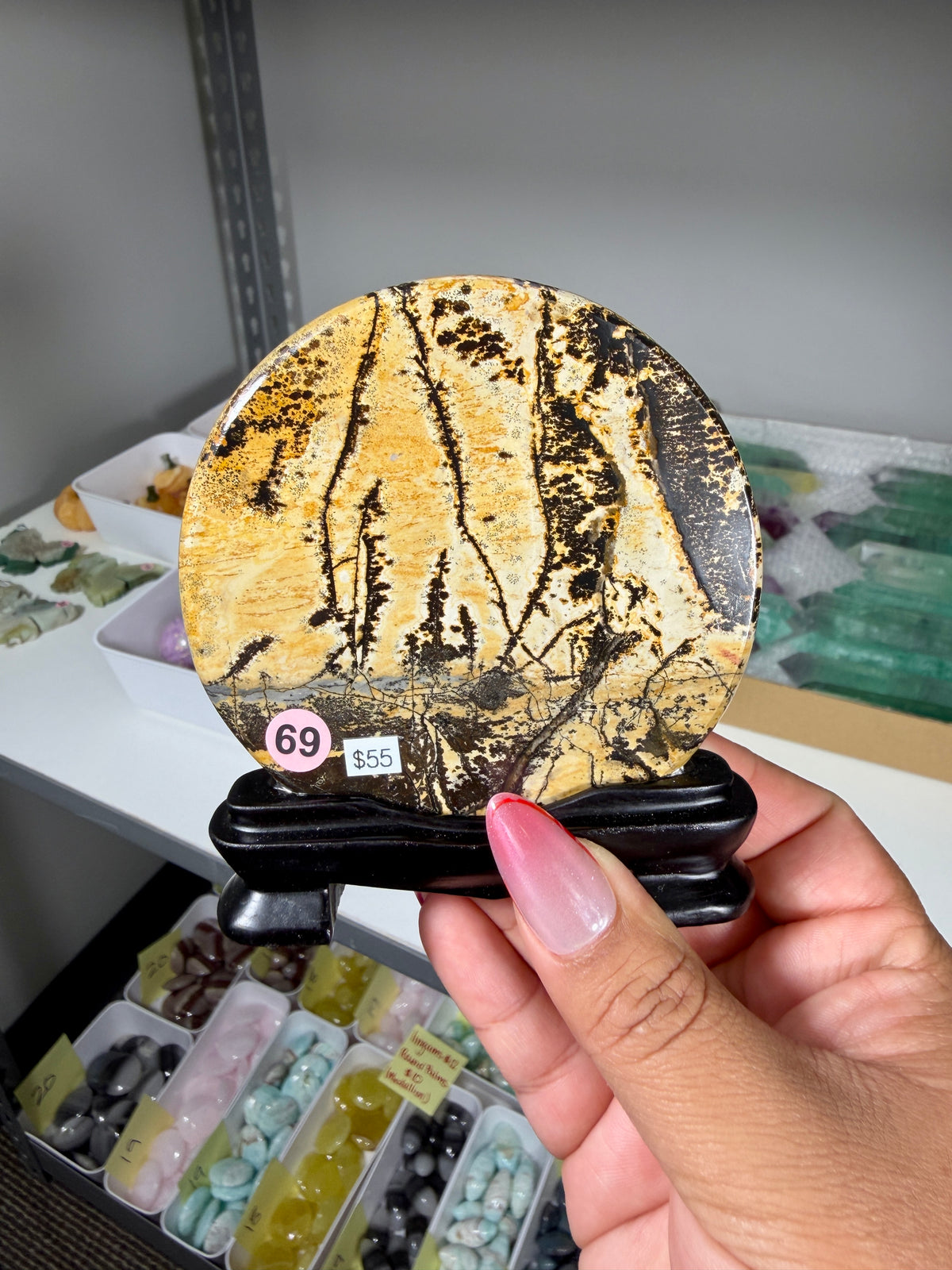 Gorgeous Picture Jasper Polished Round Display Plaque with Stand | Opt 69