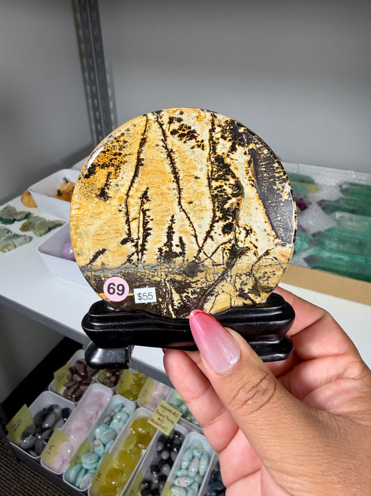 Gorgeous Picture Jasper Polished Round Display Plaque with Stand | Opt 69
