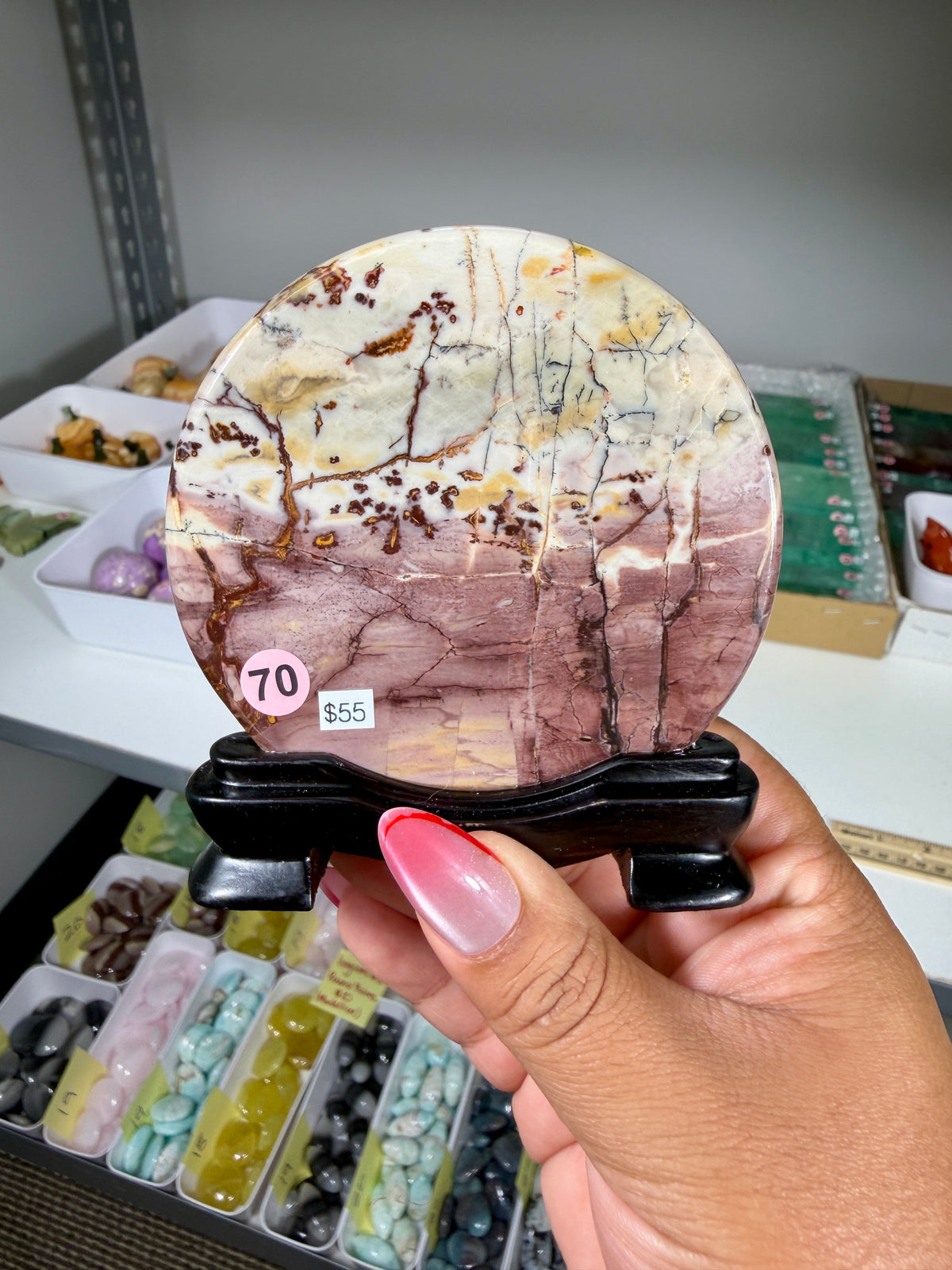 Gorgeous Picture Jasper Polished Round Display Plaque with Stand | Opt 70