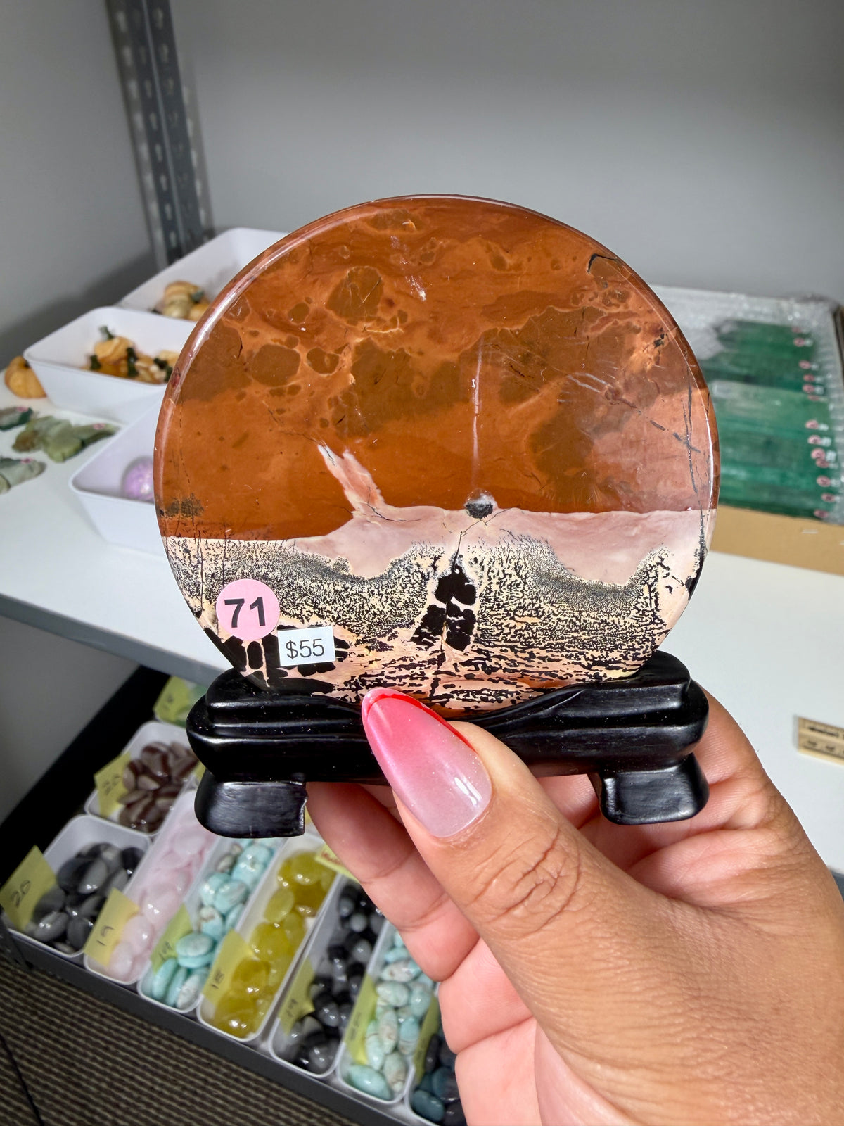 Gorgeous Picture Jasper Polished Round Display Plaque with Stand | Opt 71
