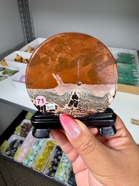 Gorgeous Picture Jasper Polished Round Display Plaque with Stand | Opt 71