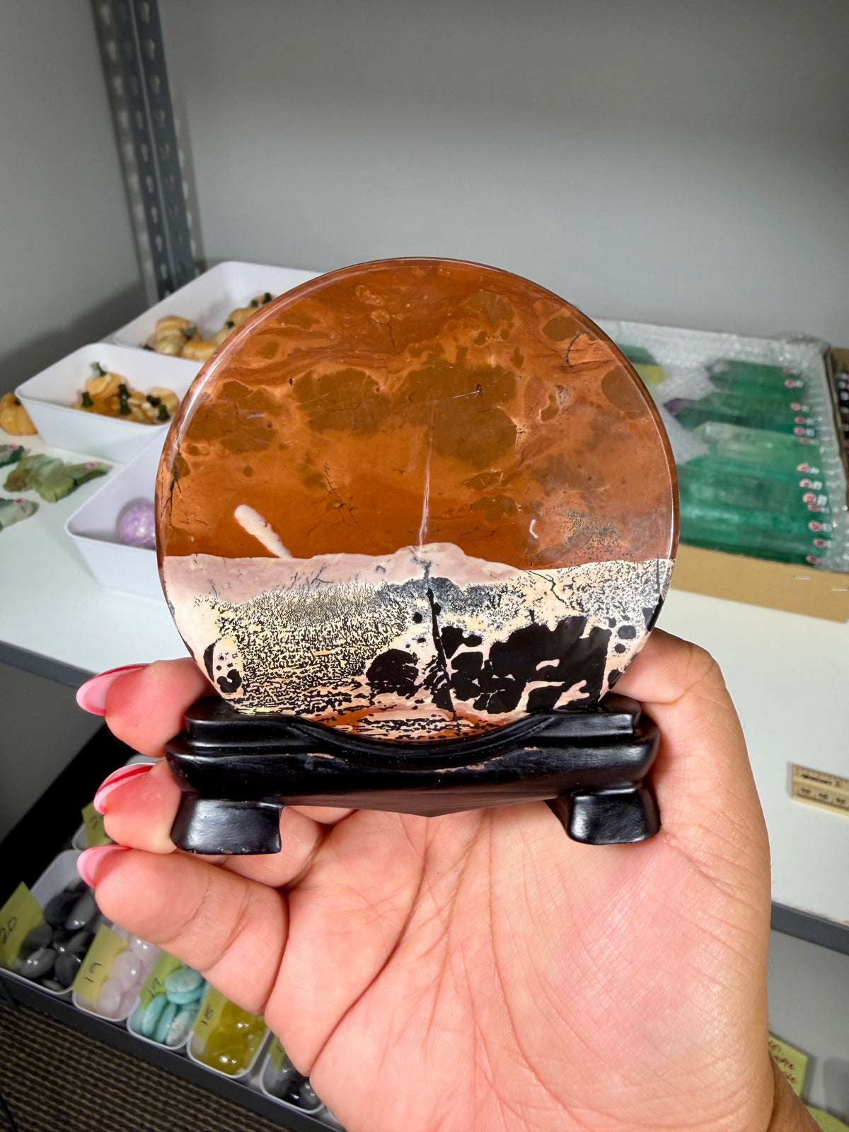 Gorgeous Picture Jasper Polished Round Display Plaque with Stand | Opt 71