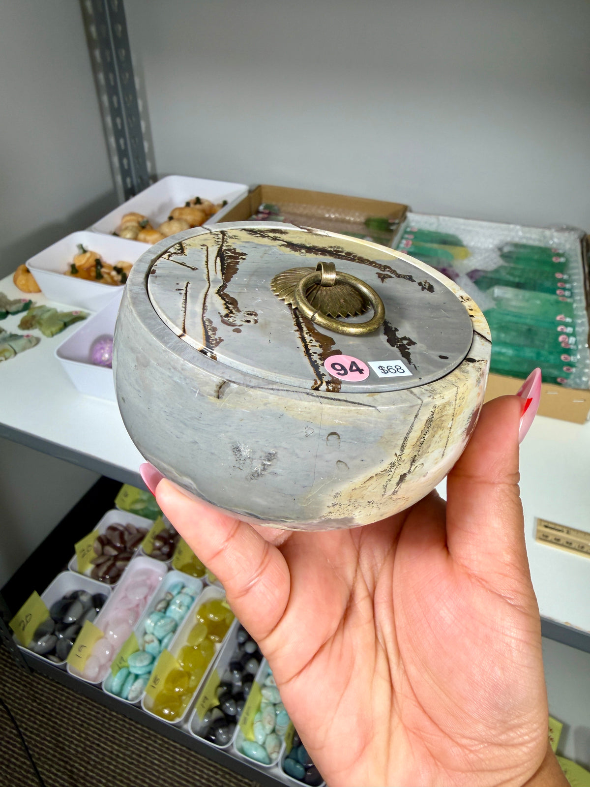 Gorgeous Picture Jasper Polished Round Trinket Box with Ring-Pull Lid | Opt 94