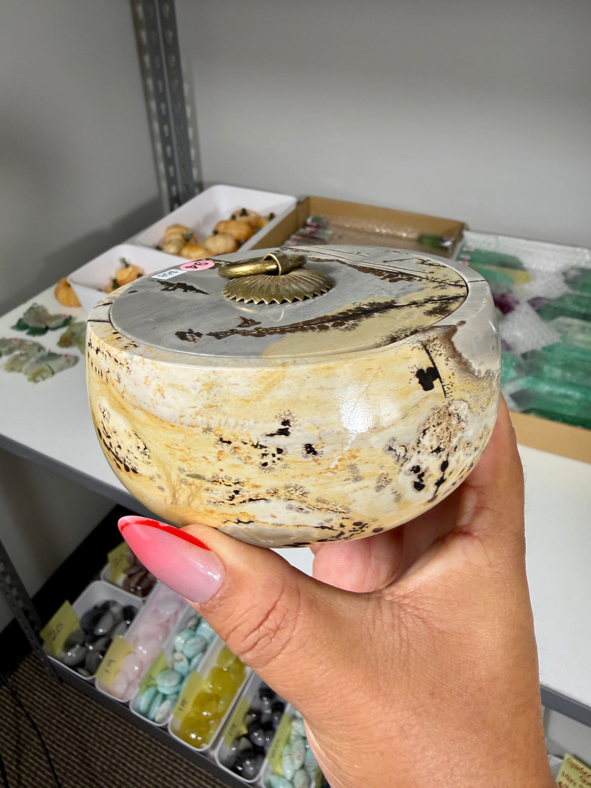 Gorgeous Picture Jasper Polished Round Trinket Box with Ring-Pull Lid | Opt 94