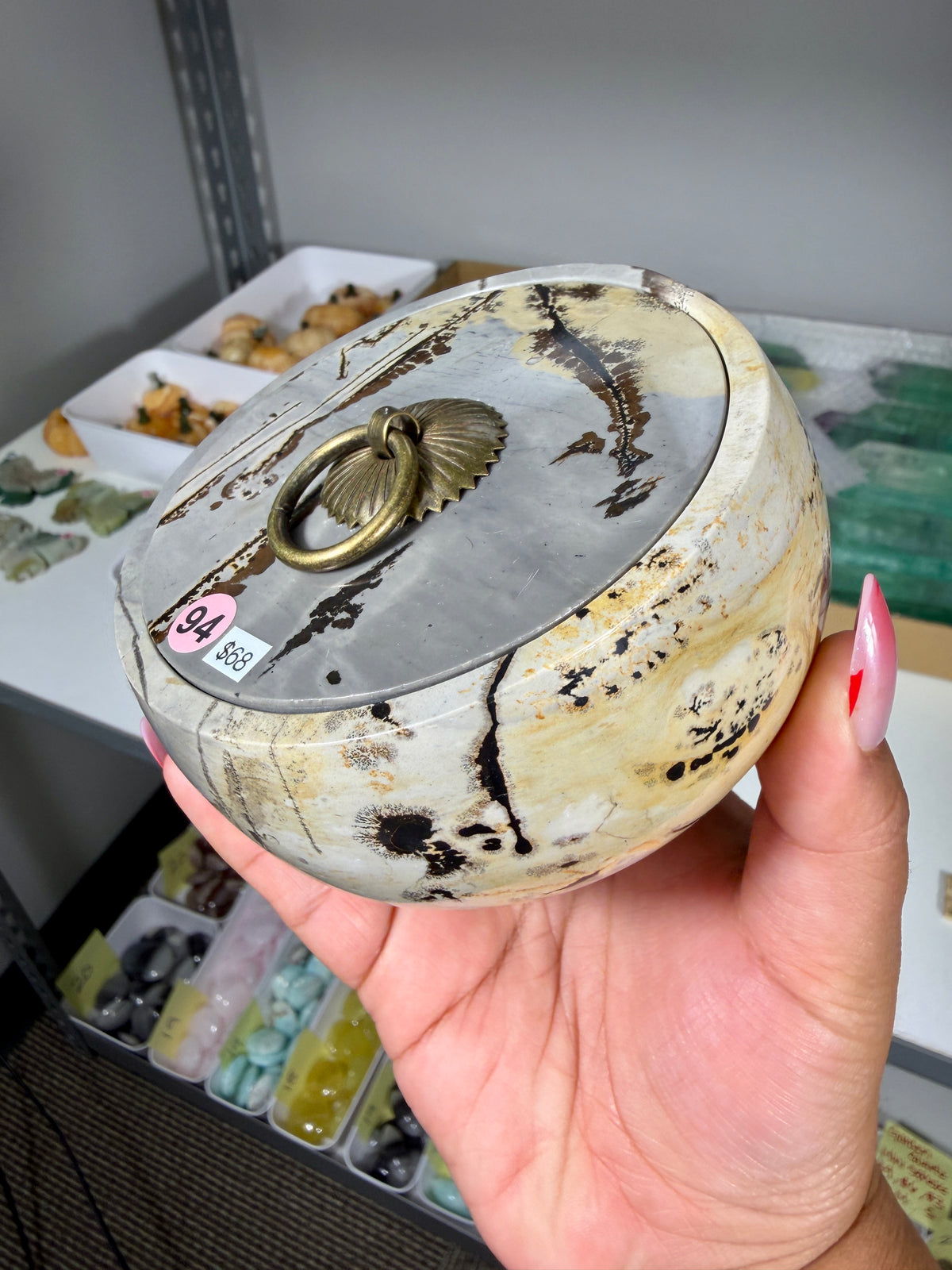Gorgeous Picture Jasper Polished Round Trinket Box with Ring-Pull Lid | Opt 94