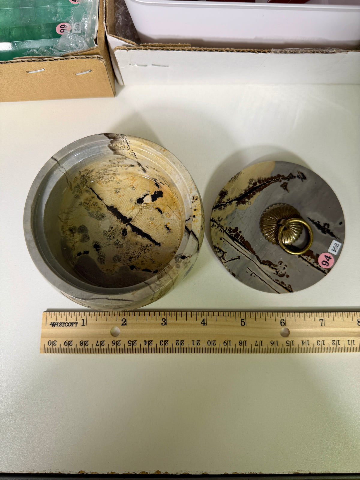 Gorgeous Picture Jasper Polished Round Trinket Box with Ring-Pull Lid | Opt 94