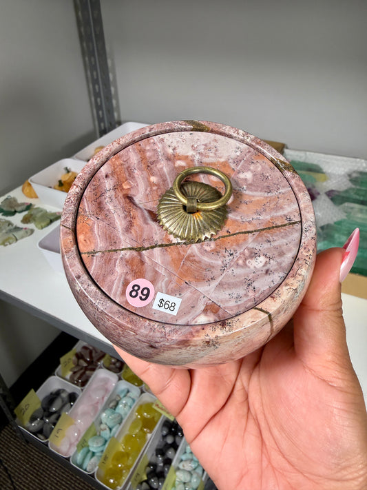 Gorgeous Picture Jasper Polished Round Trinket Box with Ring-Pull Lid | Opt 89