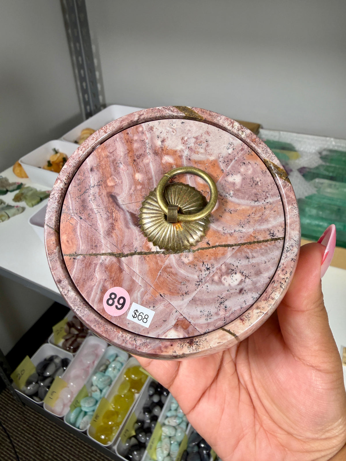 Gorgeous Picture Jasper Polished Round Trinket Box with Ring-Pull Lid | Opt 89