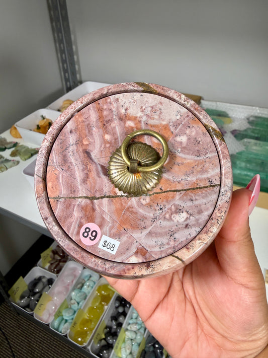 Gorgeous Picture Jasper Polished Round Trinket Box with Ring-Pull Lid | Opt 89