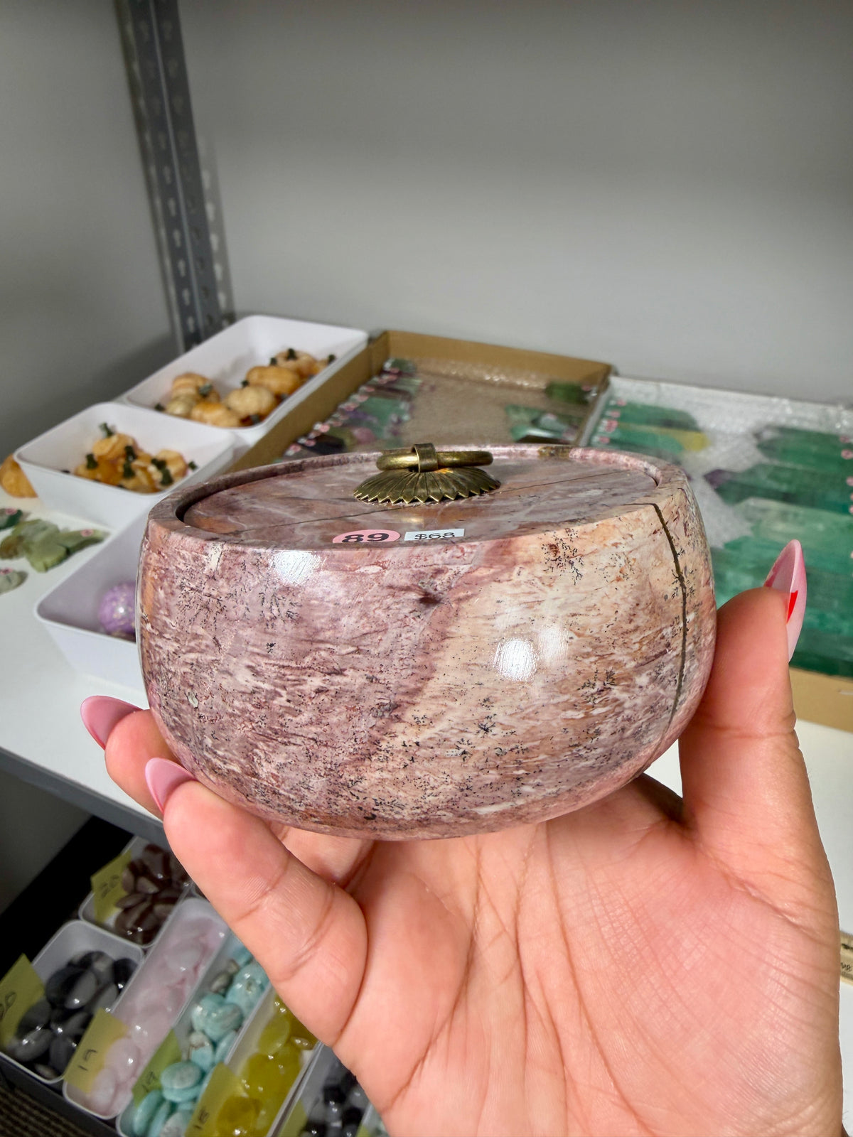 Gorgeous Picture Jasper Polished Round Trinket Box with Ring-Pull Lid | Opt 89