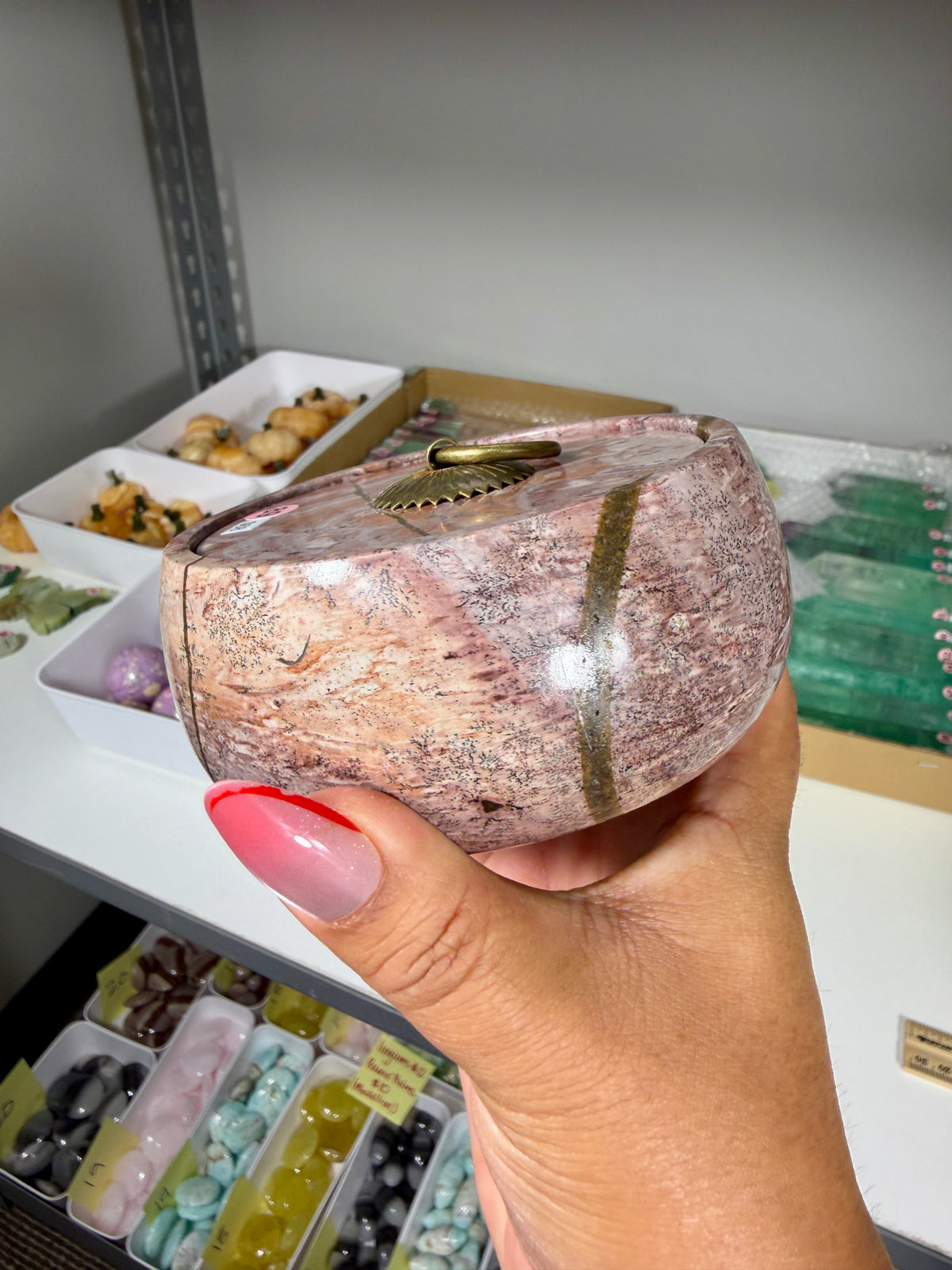 Gorgeous Picture Jasper Polished Round Trinket Box with Ring-Pull Lid | Opt 89