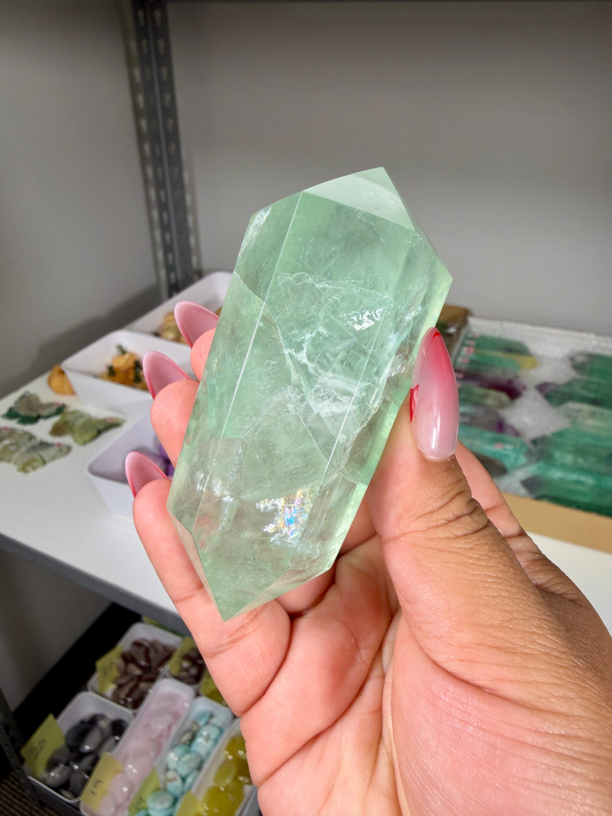 Gorgeous Mint Fluorite Wand w/ Rainbows | Opt 28