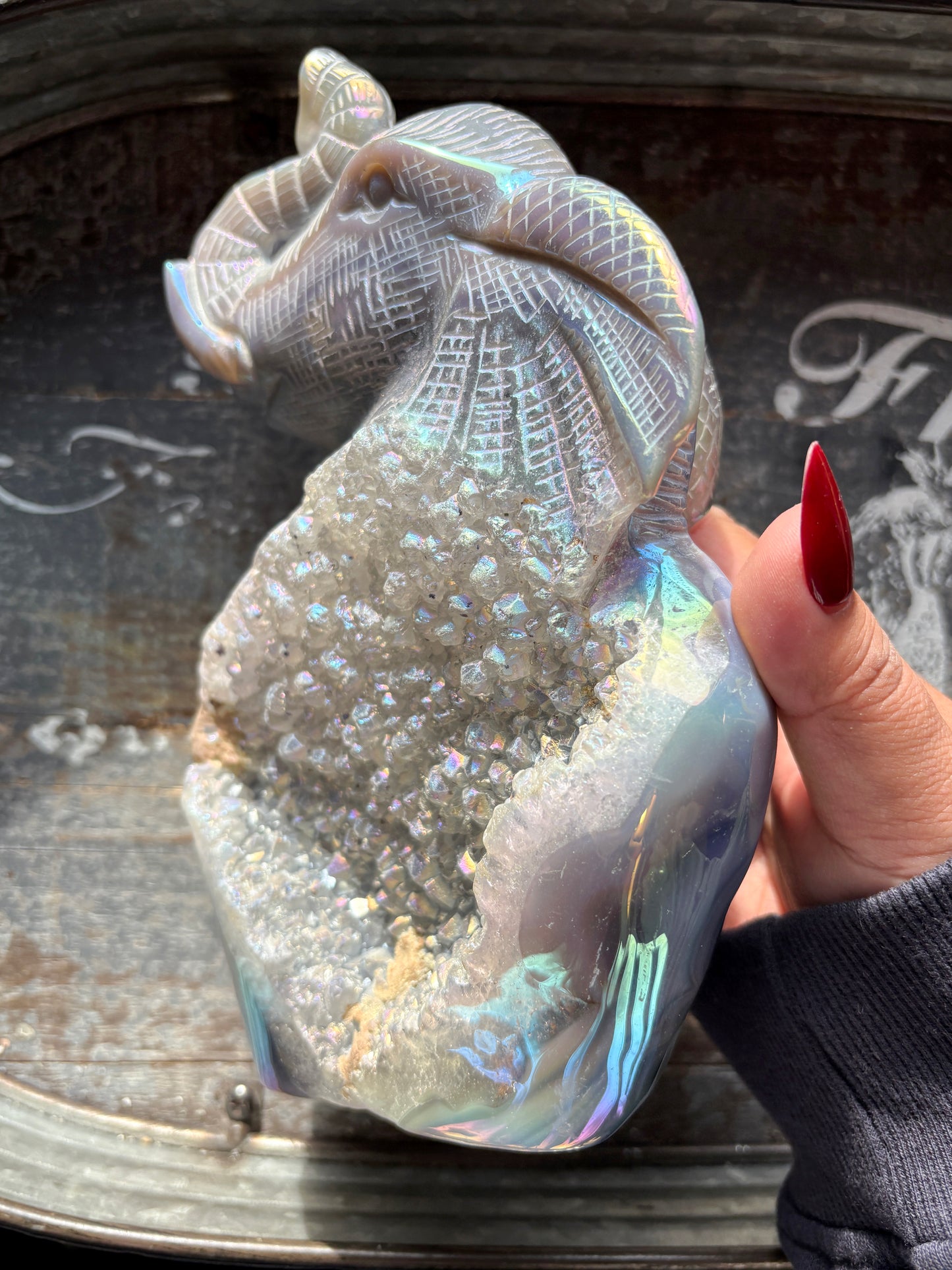 Gorgeous Hand Carved Aura Agate Geode Elephant Carving