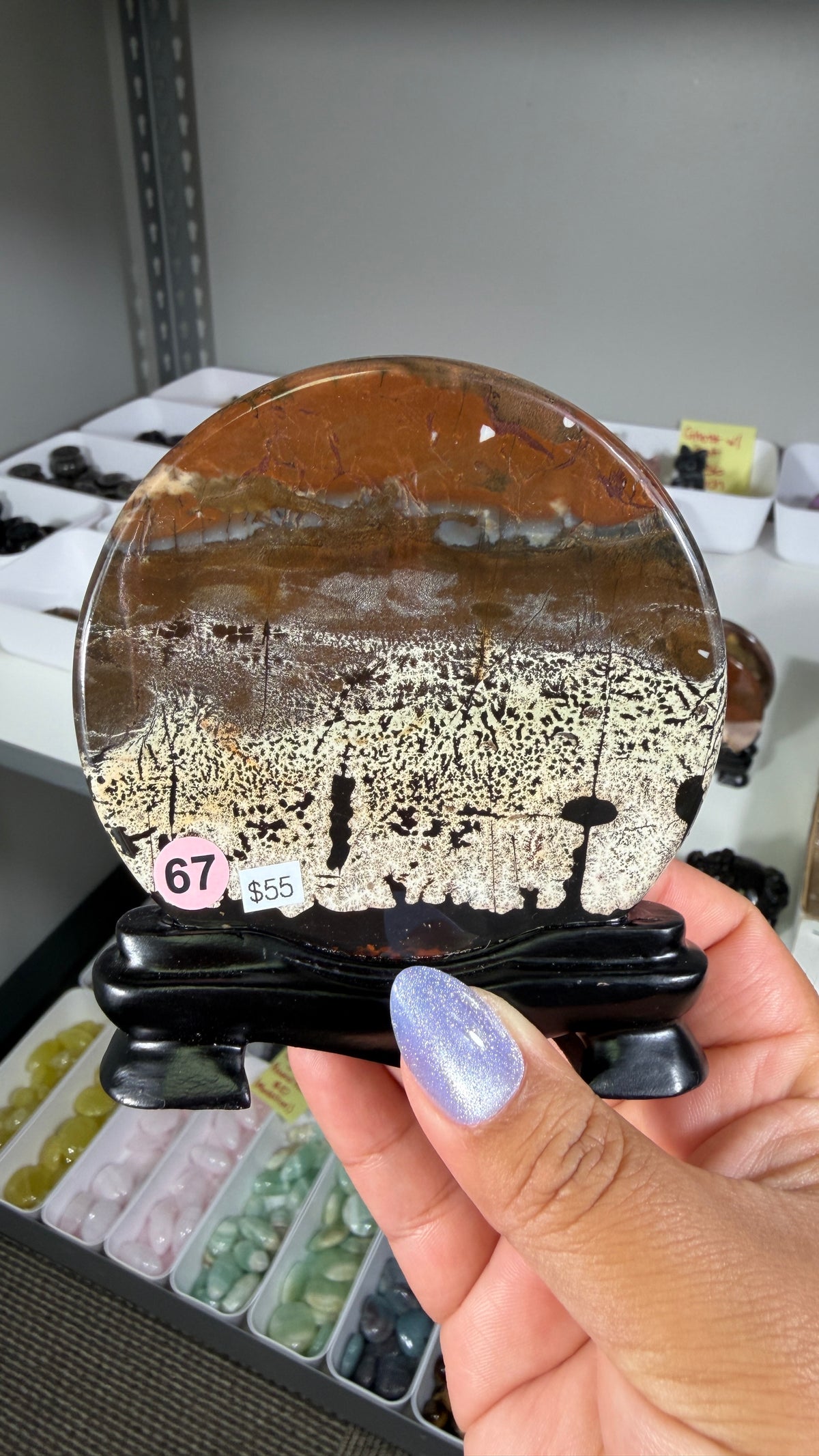 Gorgeous Picture Jasper Polished Round Display Plaque with Stand | Opt 67