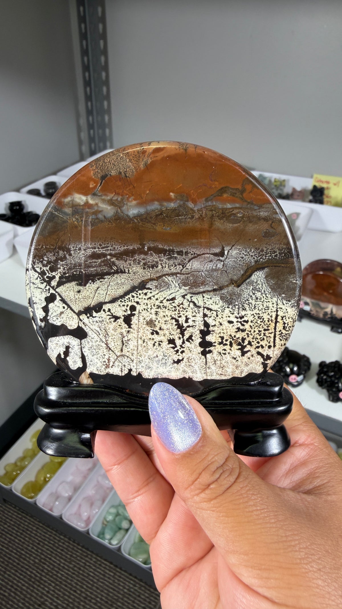 Gorgeous Picture Jasper Polished Round Display Plaque with Stand | Opt 67